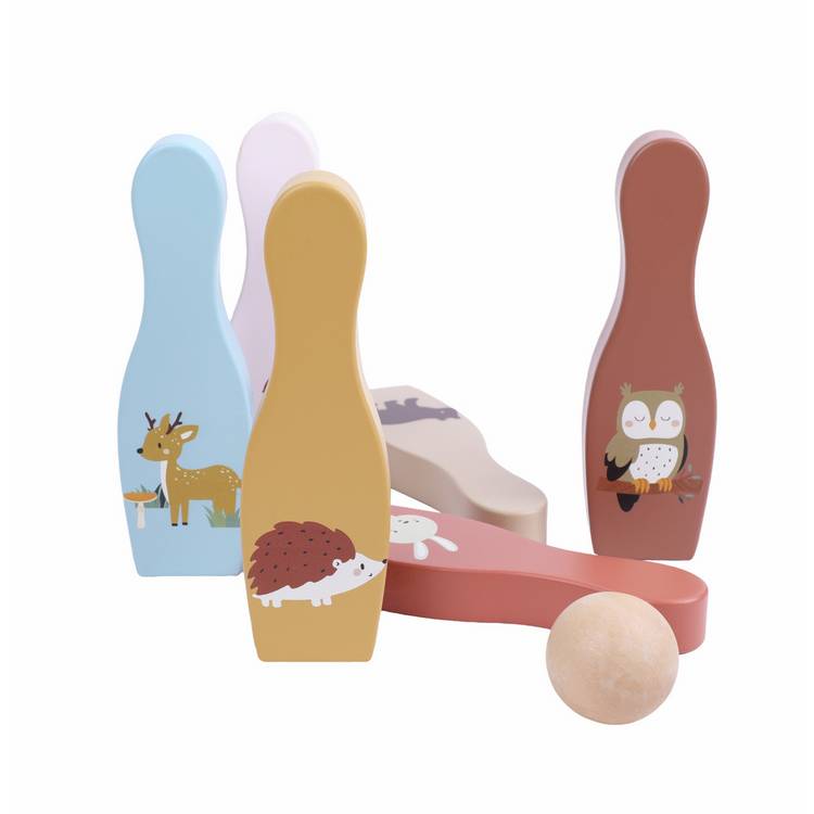 Chad Valley wooden garden skittles set with woodland characters, imported from the UK