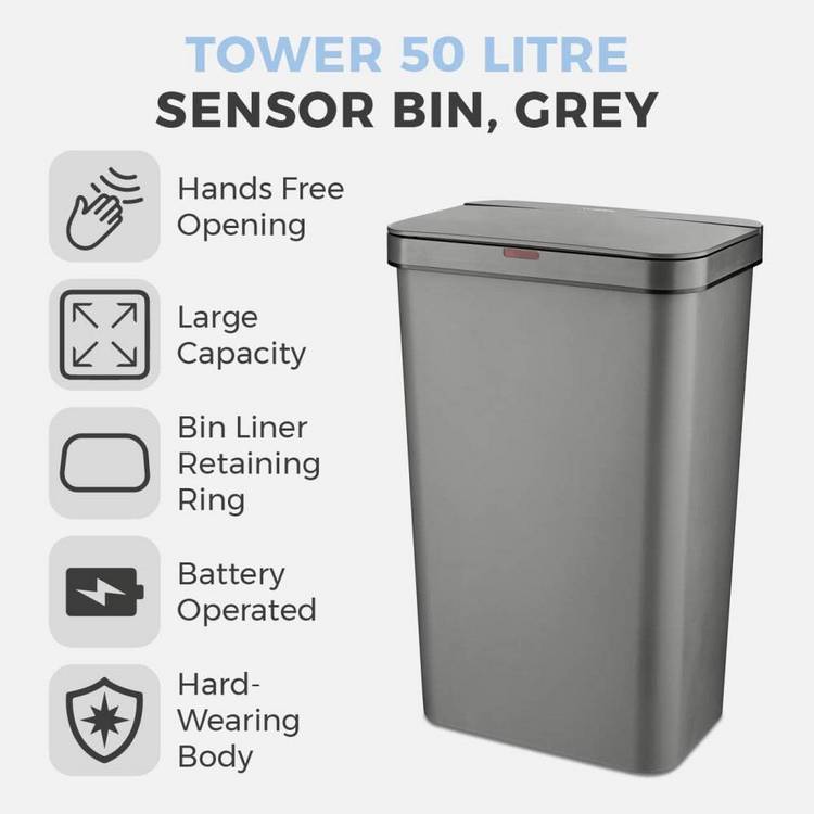 Tower grey sensor bin 50 litre, imported from the UK