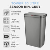 Tower grey sensor bin 50 litre, imported from the UK