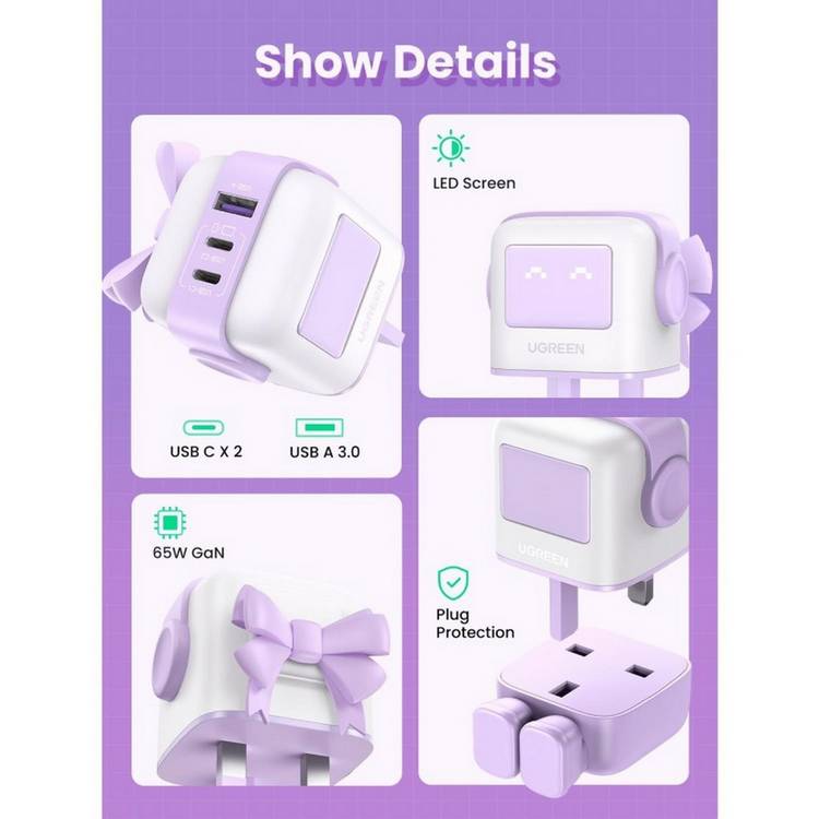 UGREEN Uno Robot GaN Charger 65W Purple (British brand)