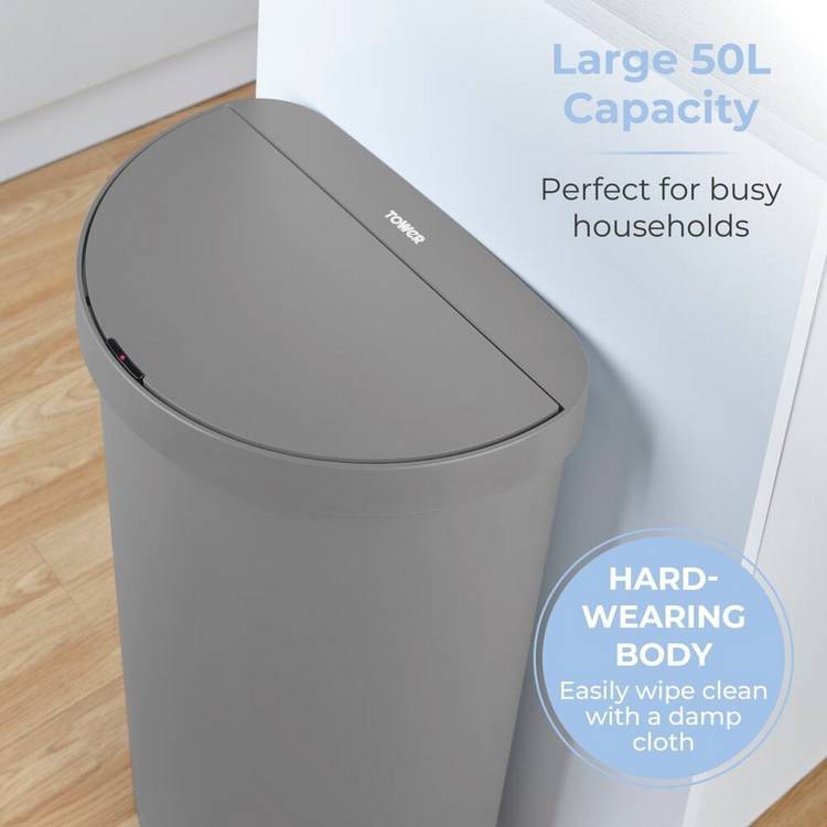 Tower curved sensor bin 50L grey, imported from the UK