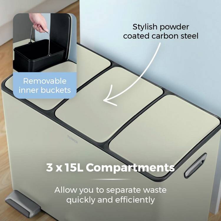 Tower 45L three compartment recycling pedal bin cream (British brand)