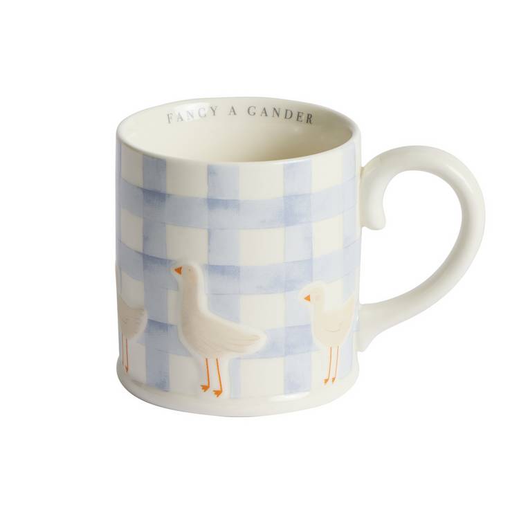 Argos Home light blue gingham check geese ceramic mug, UK version