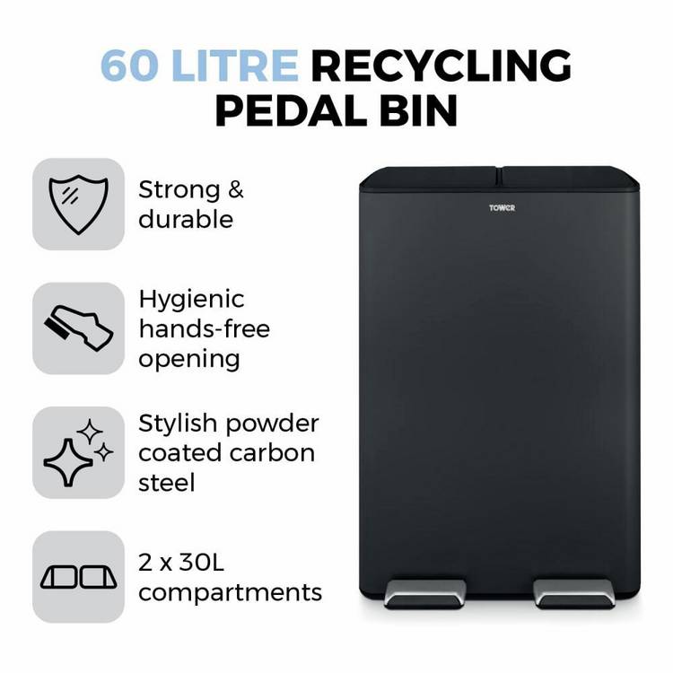 Tower 60L twin compartment recycling pedal bin - British product