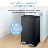Tower 60L twin compartment recycling pedal bin - British product