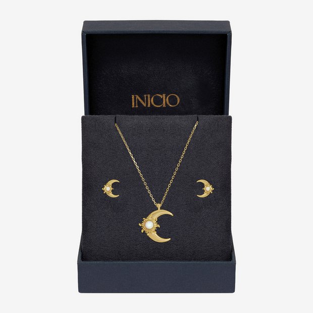 Inicio gold plated opal moon pendant and earrings set (British brand)