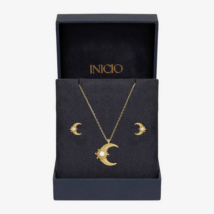 Inicio gold plated opal moon pendant and earrings set (British brand)