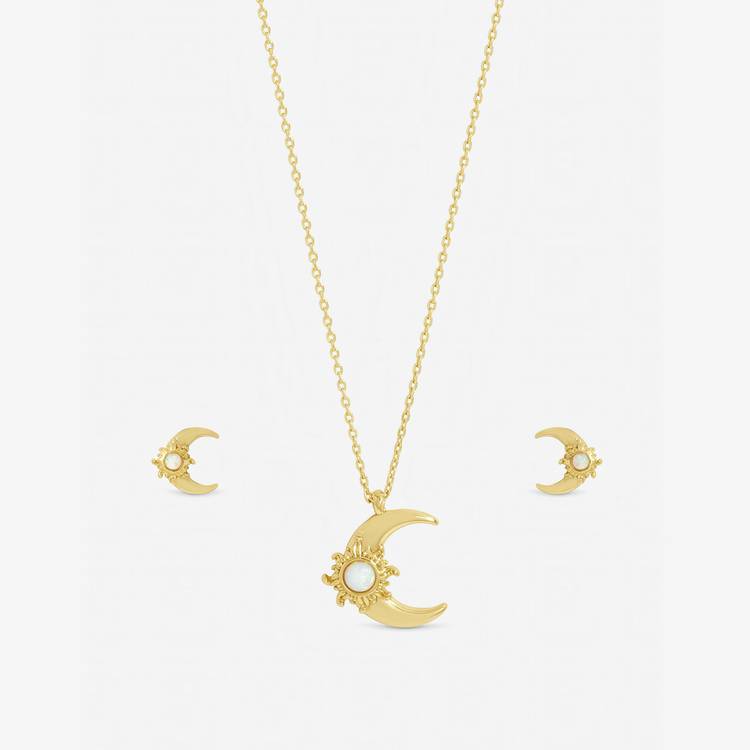 Inicio gold plated opal moon pendant and earrings set (British brand)