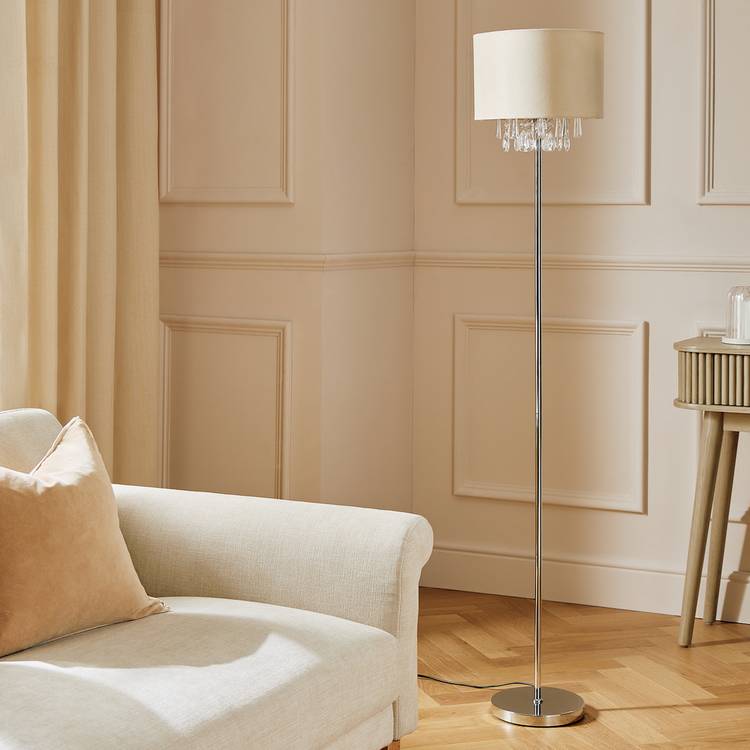 Argos Home cream velvet floor lamp with crystal beads, imported from the UK
