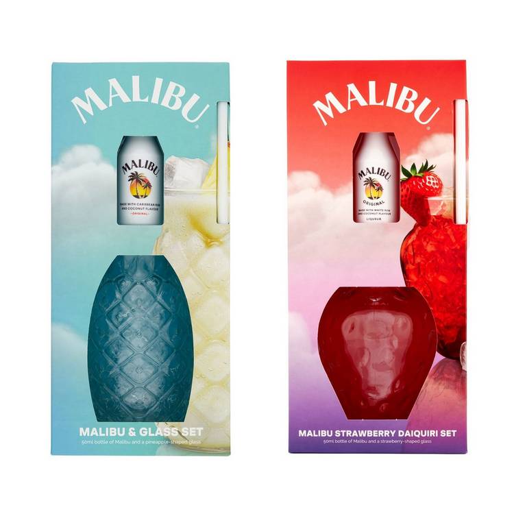 Malibu Ultimate Gift Set with coconut rum and pineapple glass, imported from the UK
