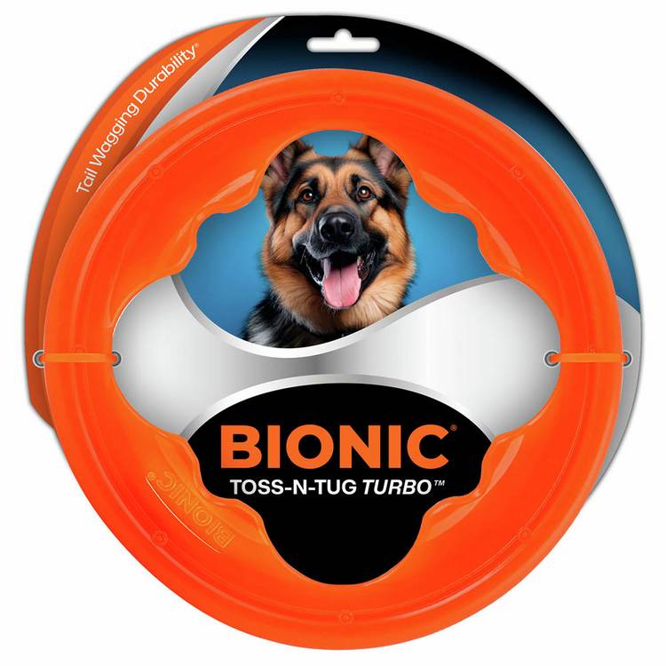 Bionic Toss N Tug Turbo orange pet toy, imported from the UK