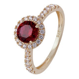 Revere gold halo engagement ring with white and ruby CZ stones - British product