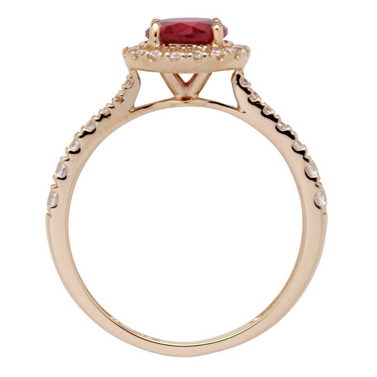 Revere gold halo engagement ring with white and ruby CZ stones - British product