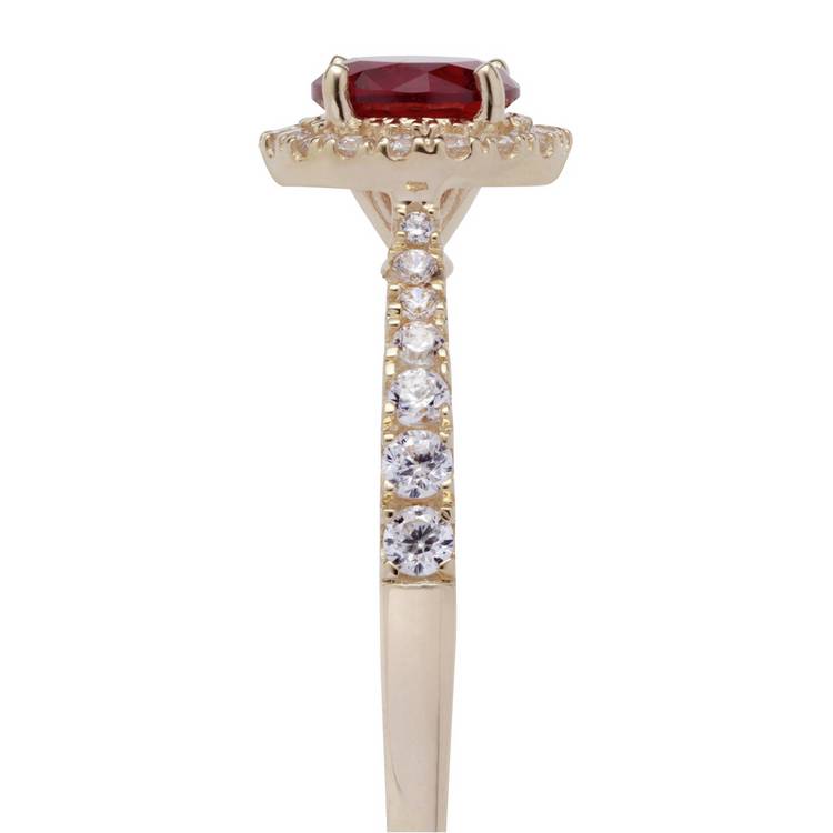 Revere gold halo engagement ring with white and ruby CZ stones - British product