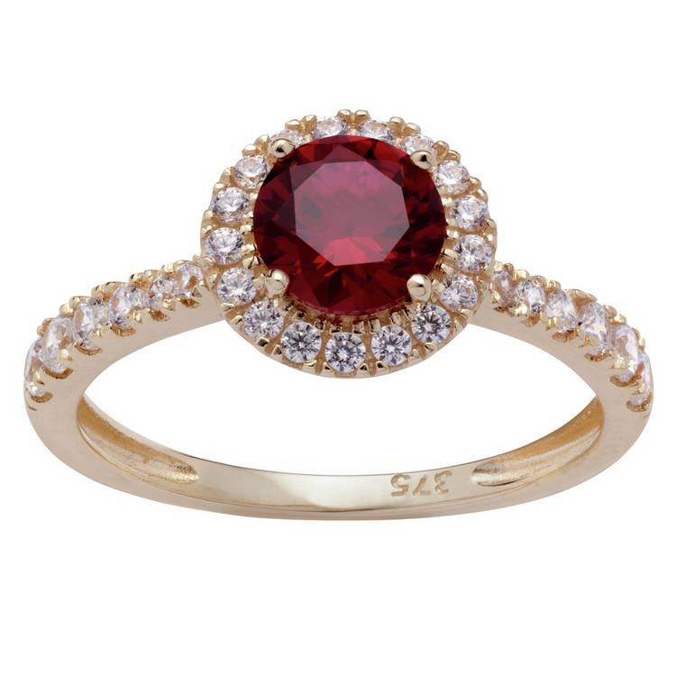 Revere gold halo engagement ring with white and ruby CZ stones - British product