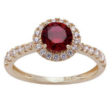 Revere gold halo engagement ring with white and ruby CZ stones - British product