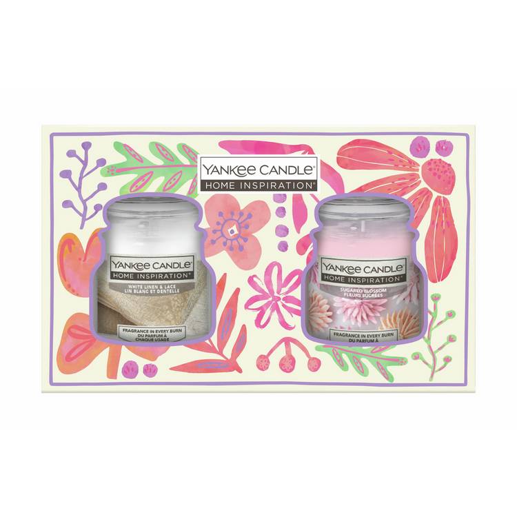 Yankee Candle set of 2 small jar candles with White Linen and Sugared Blossom, imported from the UK