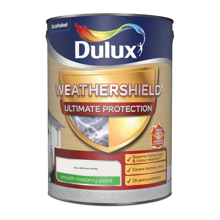 Dulux Weathershield white masonry paint 5L, imported from the UK