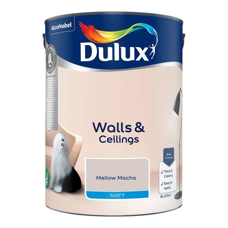 Dulux Mellow Mocha matt emulsion paint 5L, imported from the UK