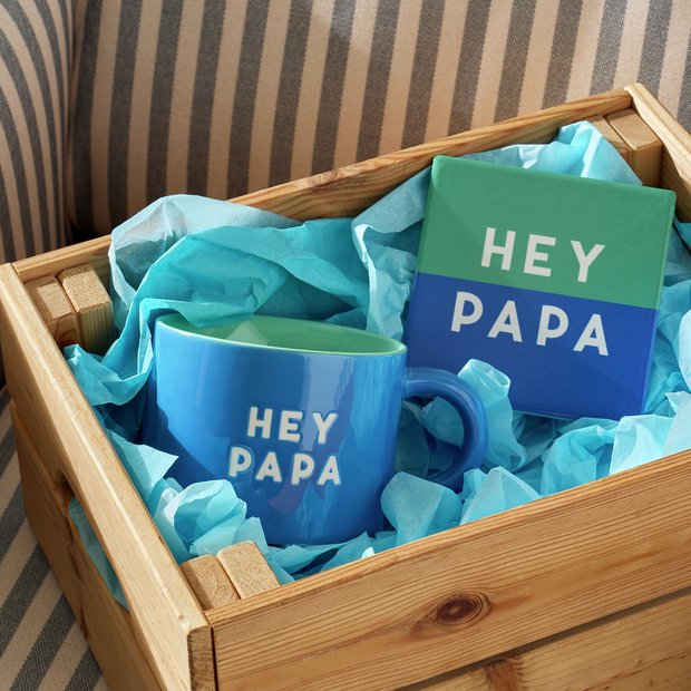 Argos Home Hey Papa blue ceramic mug with coaster 405ml - British product