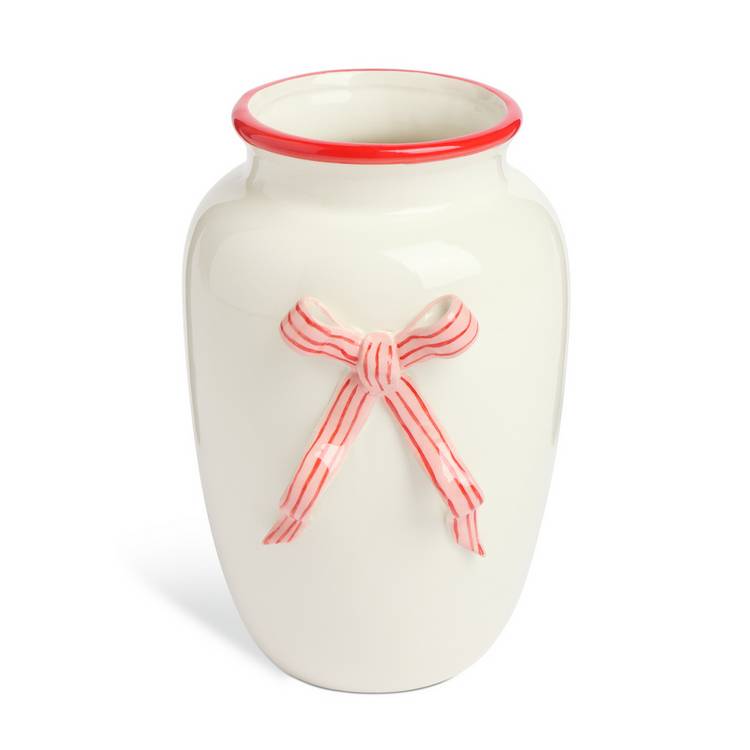 Argos Home ceramic white and red bow vase 15cm, imported from the UK