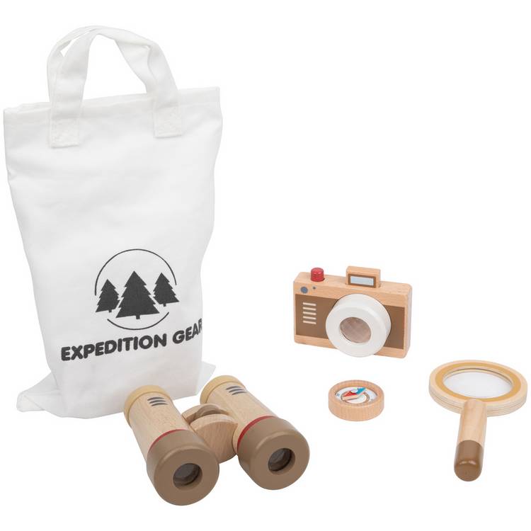 Chad Valley wooden adventure set with camera, binoculars, compass - British product