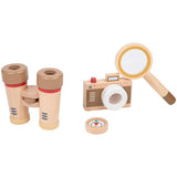 Chad Valley wooden adventure set with camera, binoculars, compass - British product