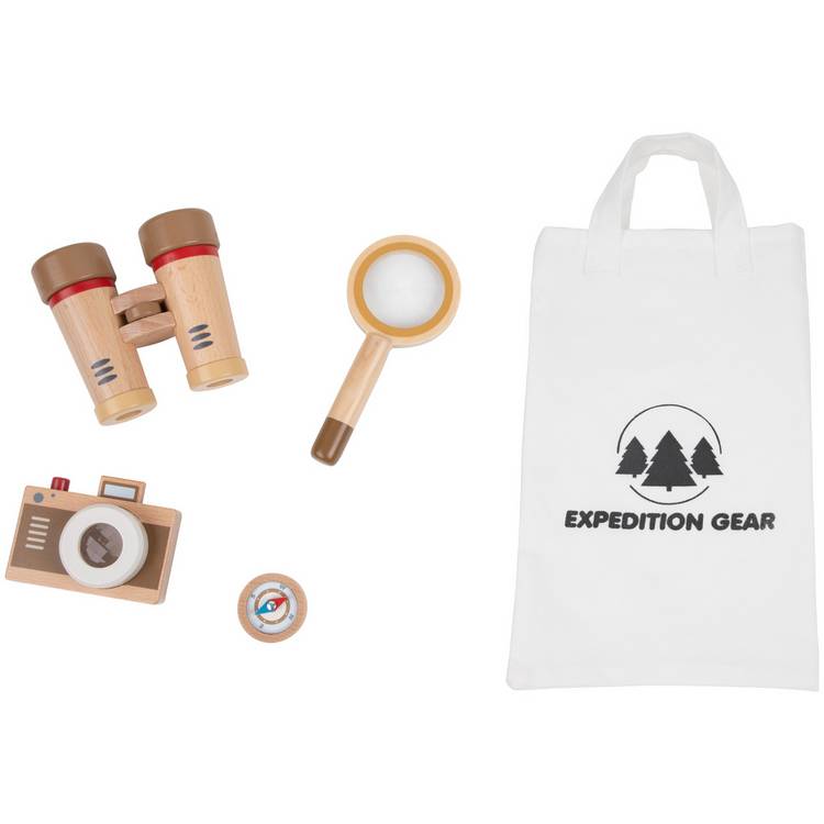 Chad Valley wooden adventure set with camera, binoculars, compass - British product