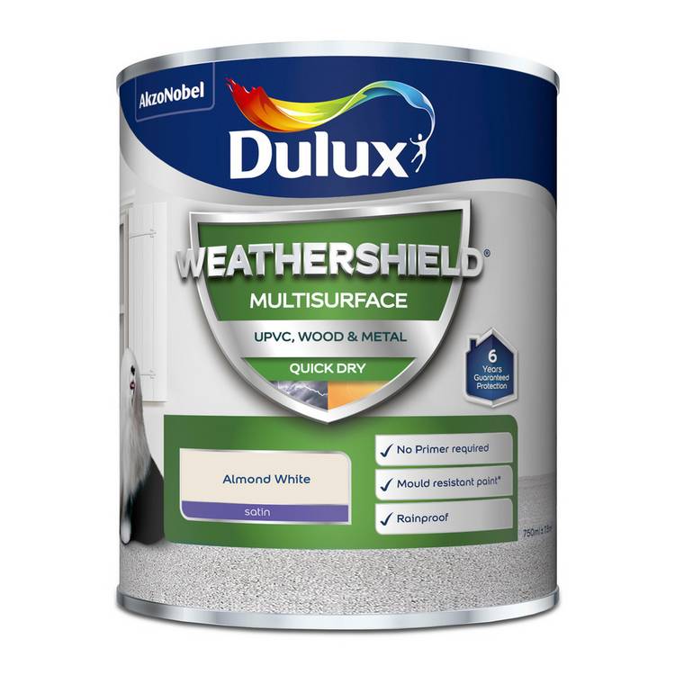 Dulux Weathershield Multisurface Satin paint in Almond White 750ml (British brand)