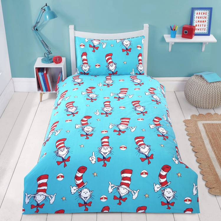 Dr Seuss Cat in Hat light blue kids bedding set, UK version
