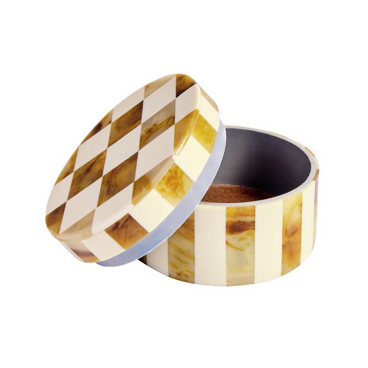 Habitat checkered round trinket box brown cream 9.5cm (British brand)