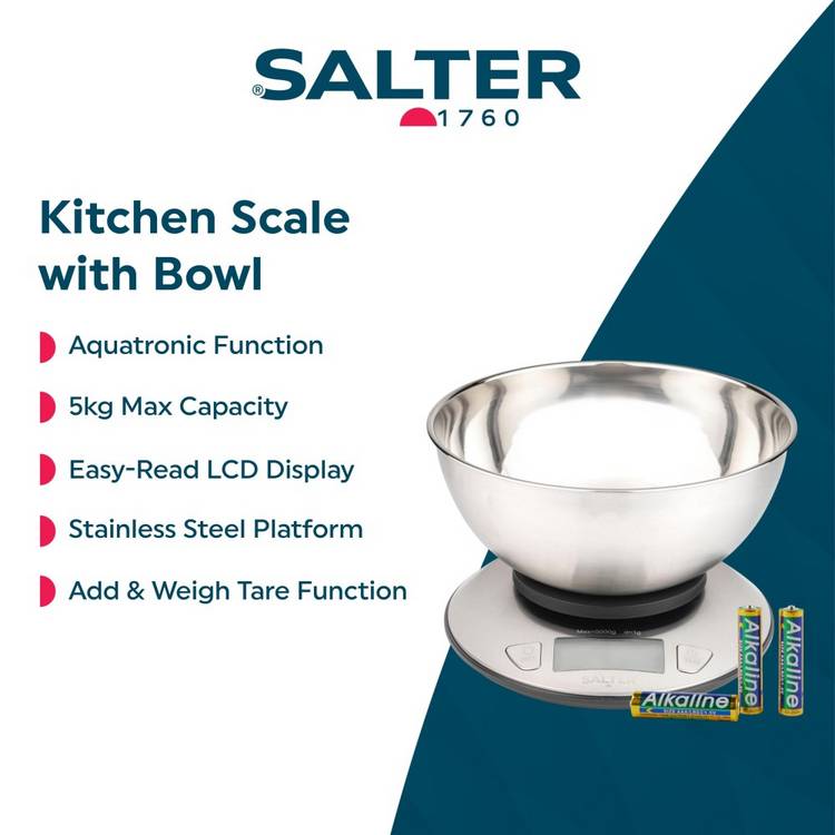 Salter stainless steel digital kitchen scale with bowl 2L - British product