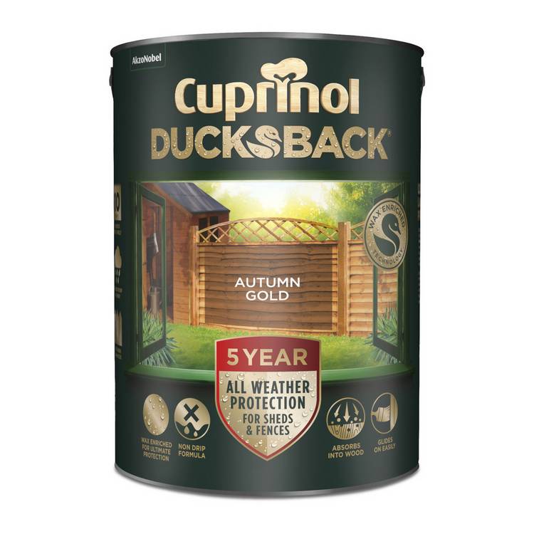 Cuprinol Ducksback Autumn Gold 5L paint, imported from the UK