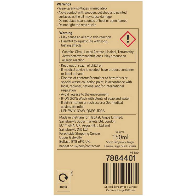 Habitat Spiced Bergamot & Ginger reed diffuser 150ml, imported from the UK