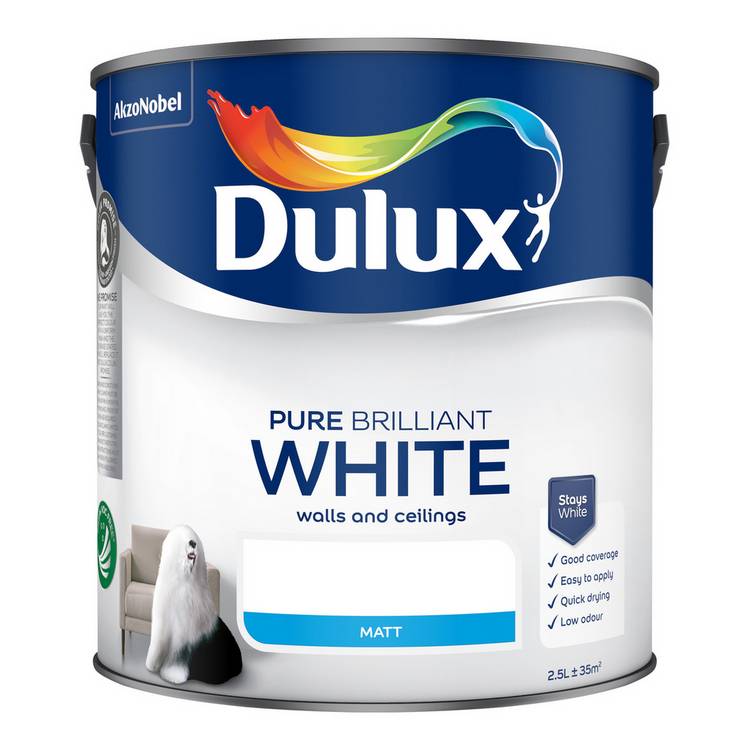 Dulux walls and ceilings matt paint Pure Brilliant 2.5L, UK version
