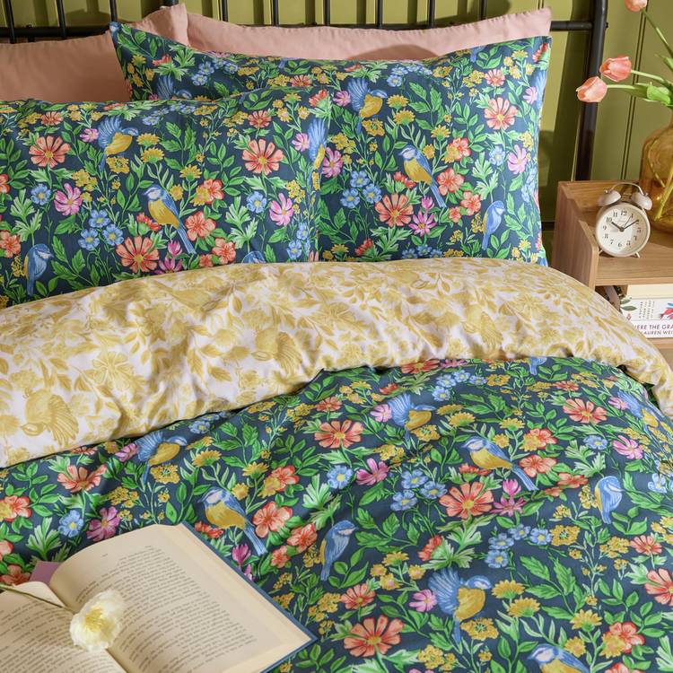Furn navy floral bird reversible bedding set single, UK version