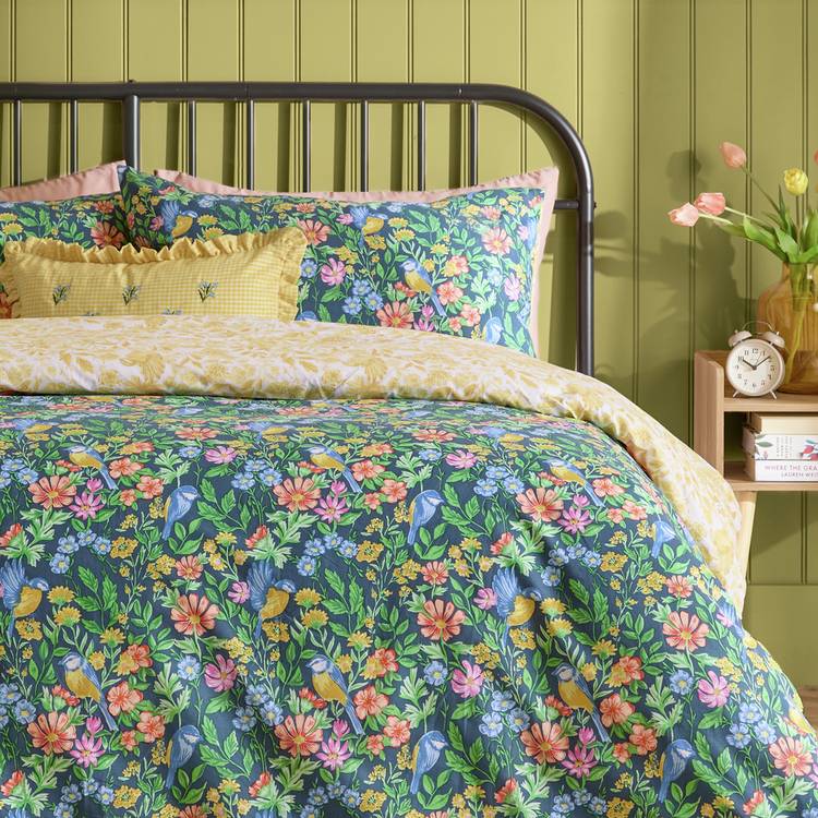 Furn navy floral bird reversible bedding set single, UK version