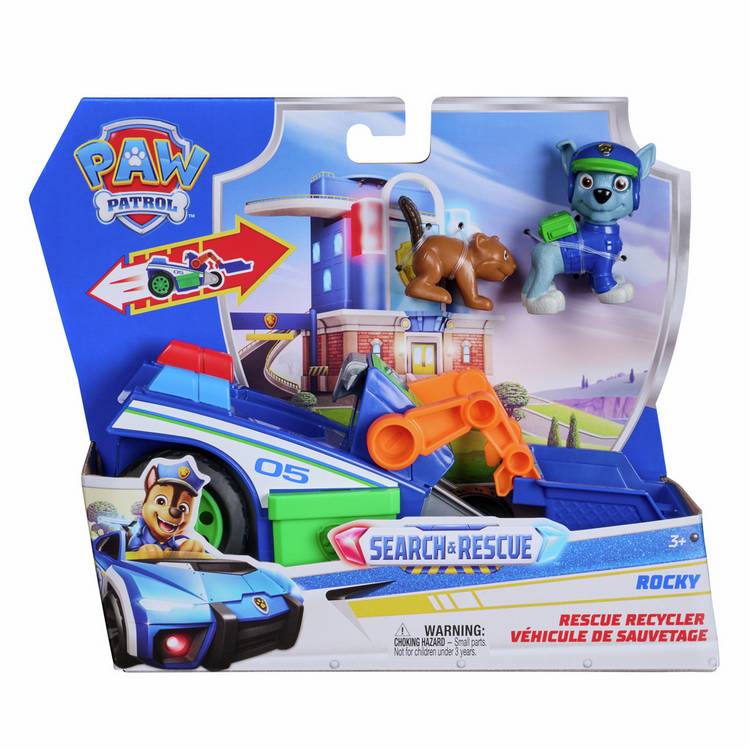 PAW Patrol Rocky Rescue Recycler pull-back vehicle with figures, UK version