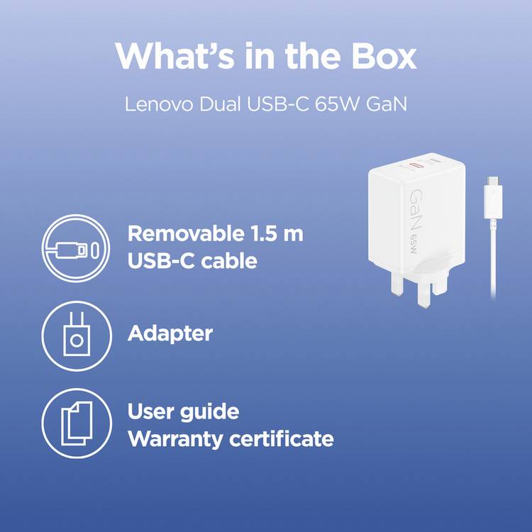 Lenovo dual USB-C GaN charger 65W - British product