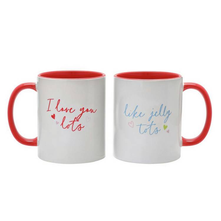 Widdop stoneware love mugs pair with red handles - British product