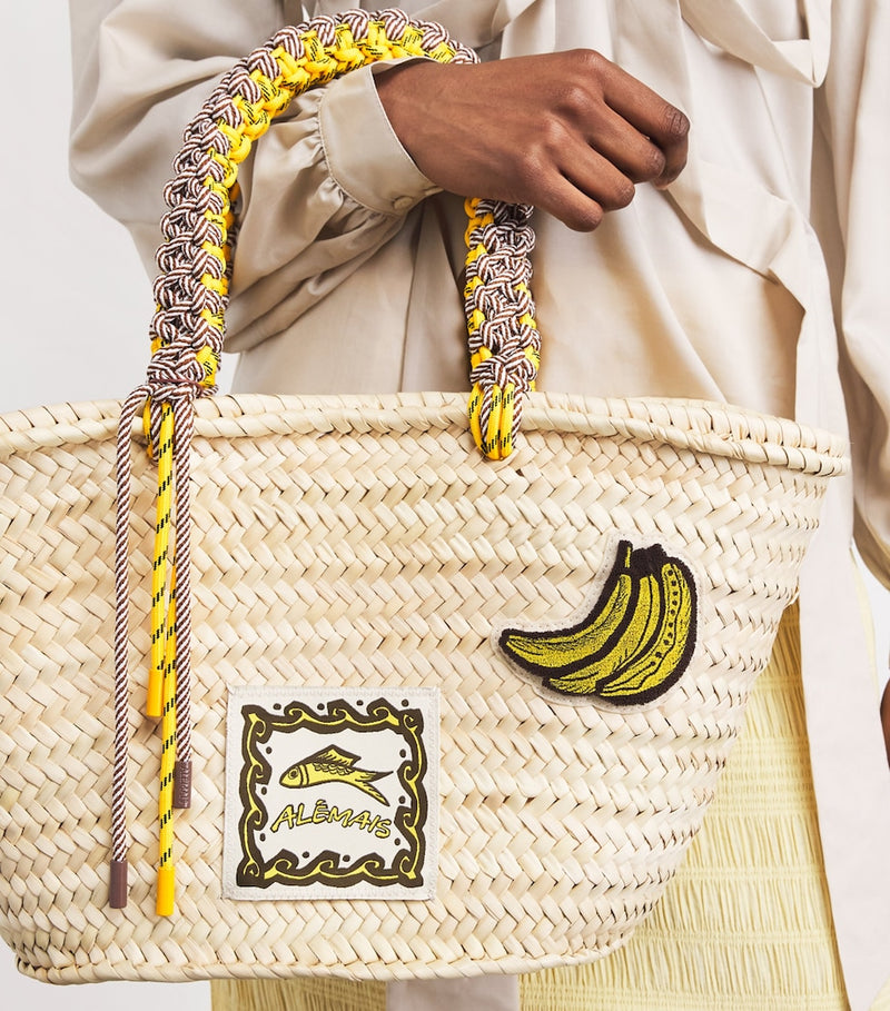 ALEMAIS medium woven Mona basket bag with macrame handles (British brand)