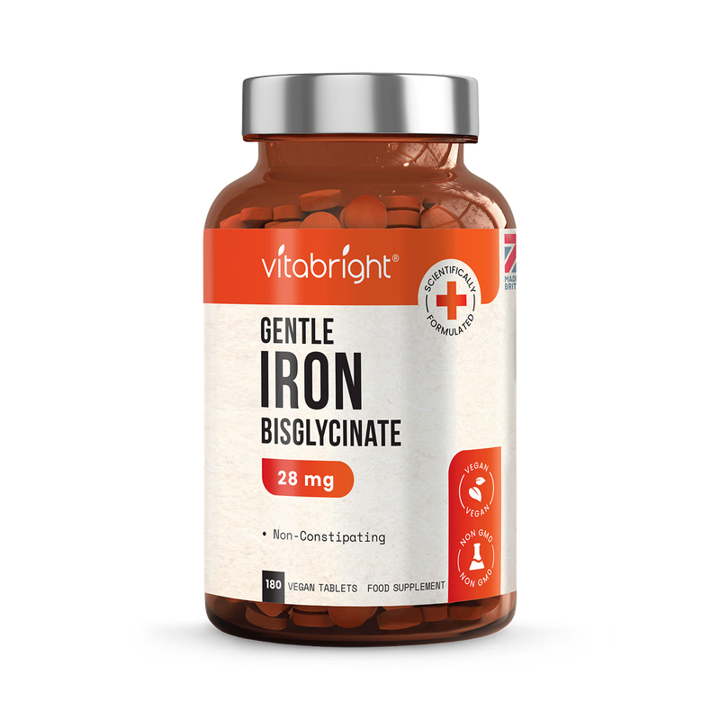 VitaBright iron bisglycinate supplement 28mg 180 tablets, imported from the UK