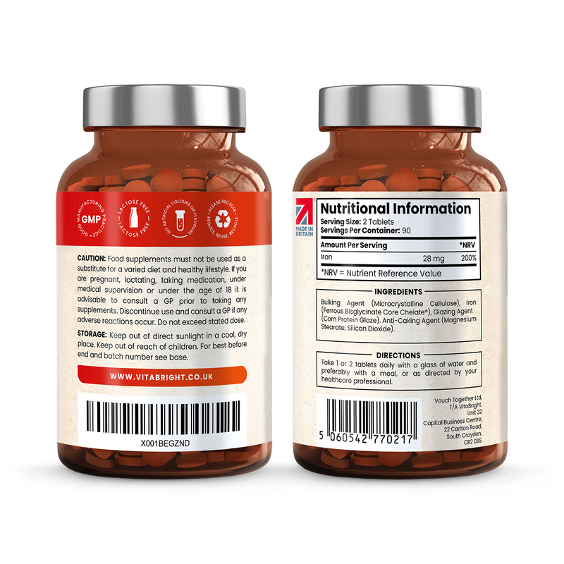 VitaBright iron bisglycinate supplement 28mg 180 tablets, imported from the UK
