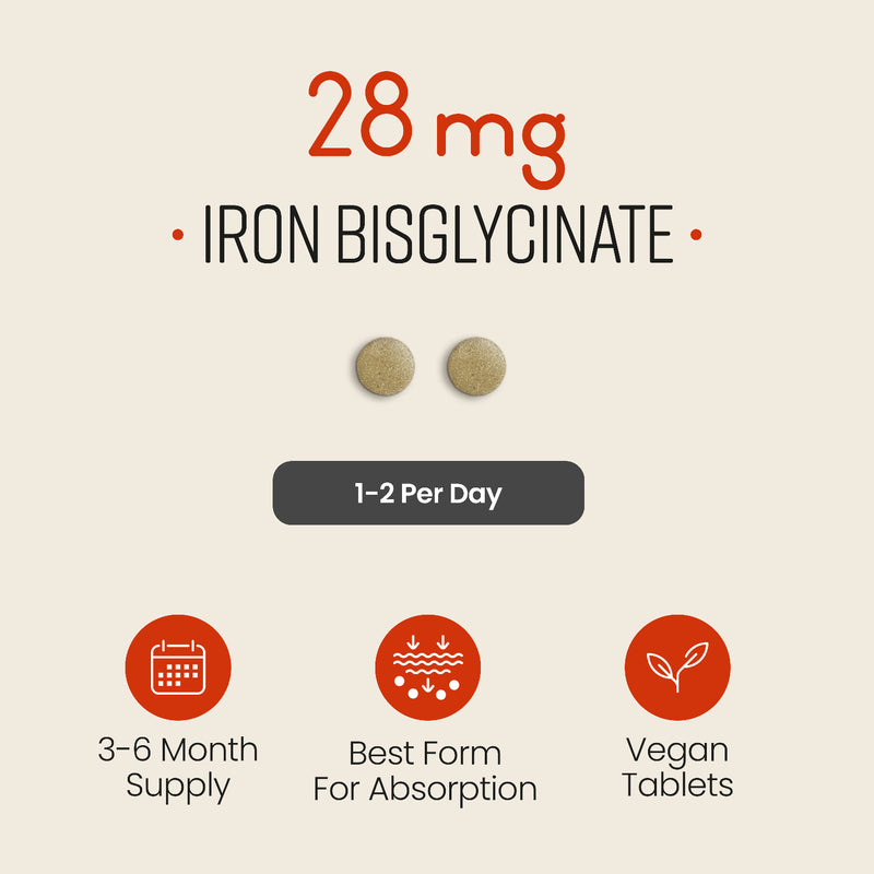 VitaBright iron bisglycinate supplement 28mg 180 tablets, imported from the UK