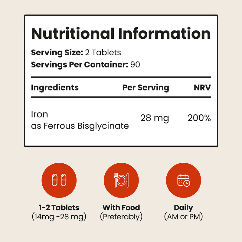VitaBright iron bisglycinate supplement 28mg 180 tablets, imported from the UK