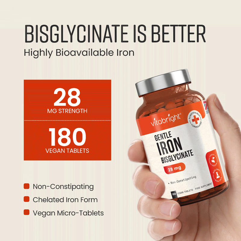 VitaBright iron bisglycinate supplement 28mg 180 tablets, imported from the UK