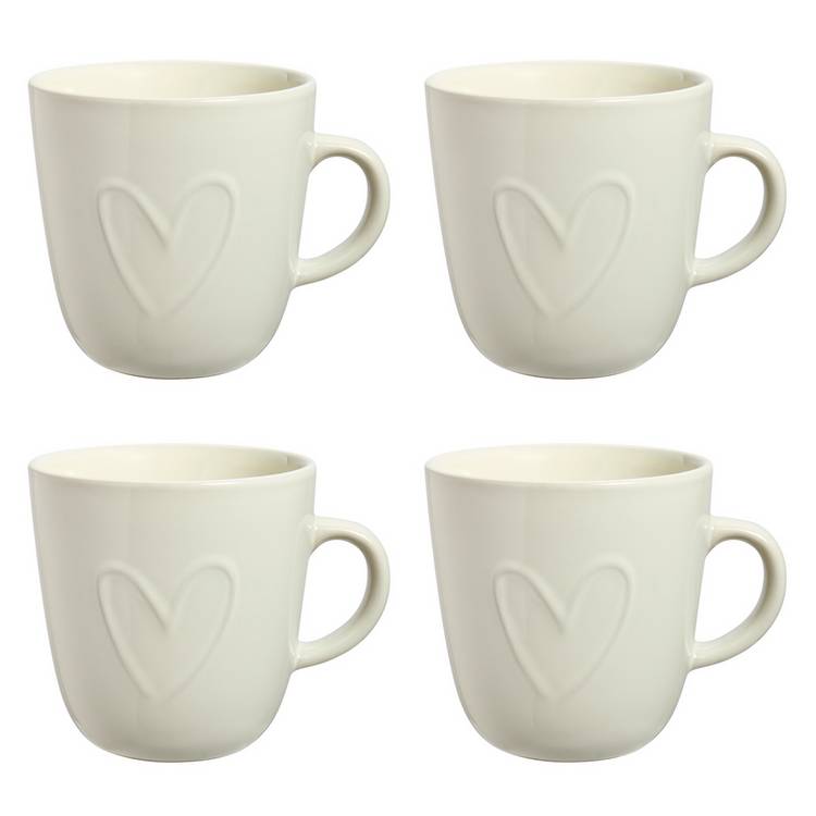 Argos Home stoneware mugs embossed heart cream set of 4 (British brand)
