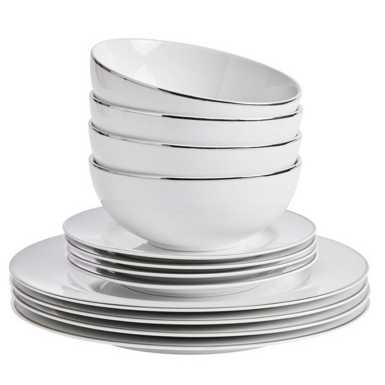 Argos Home porcelain dinner set silver rim 12 piece, UK version