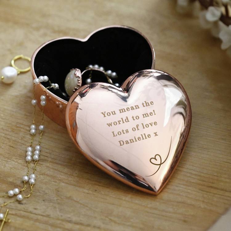 Rose gold personalised heart trinket box - British product