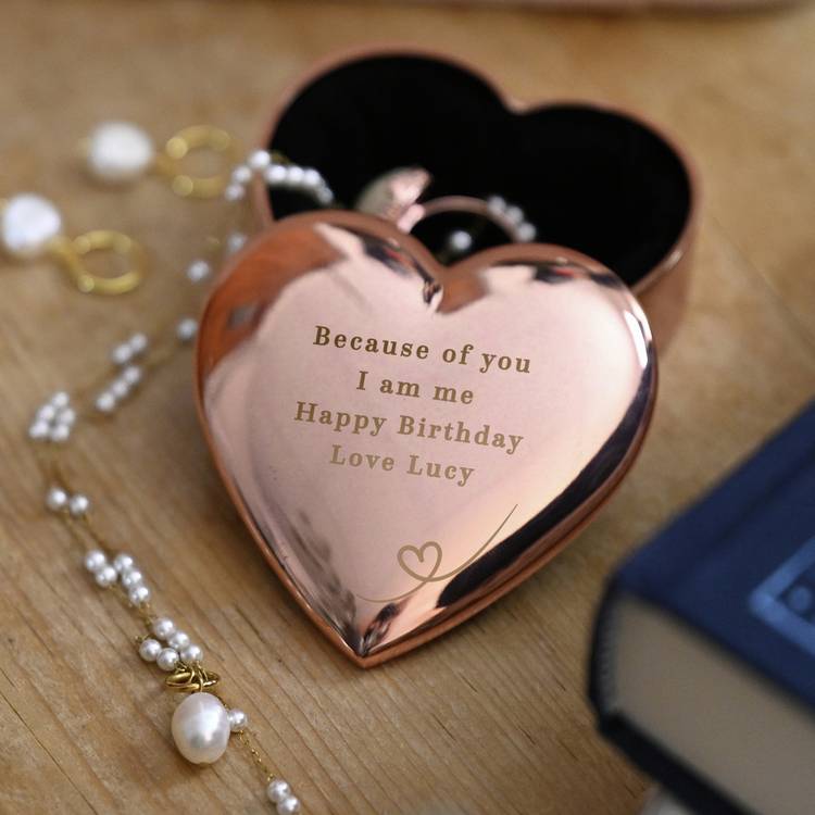 Rose gold personalised heart trinket box - British product